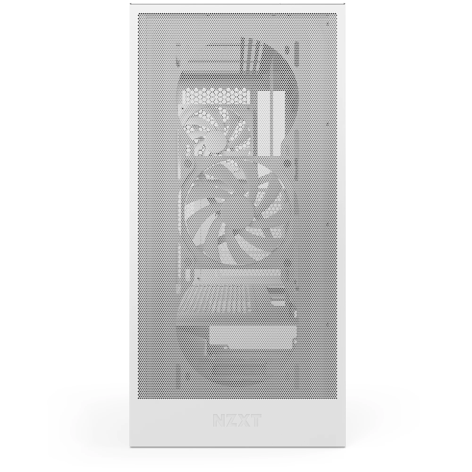 A white NZXT H5 Flow case viewed from the front, showcasing its perforated front panel and logo.