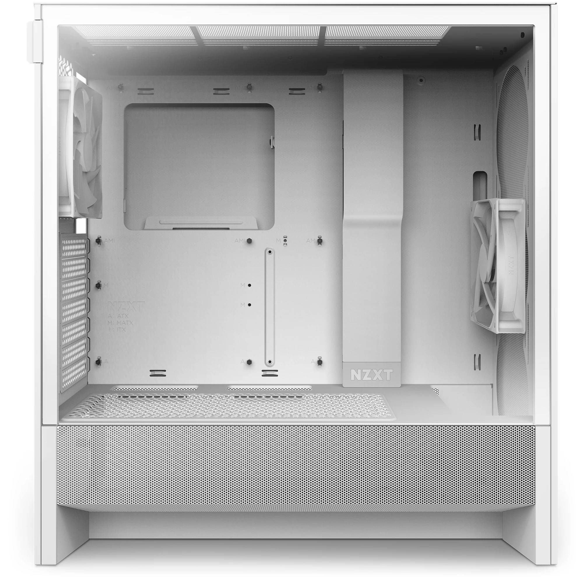A rear view of a white NZXT H5 Flow computer case, showing its internal structure and mounting points.
