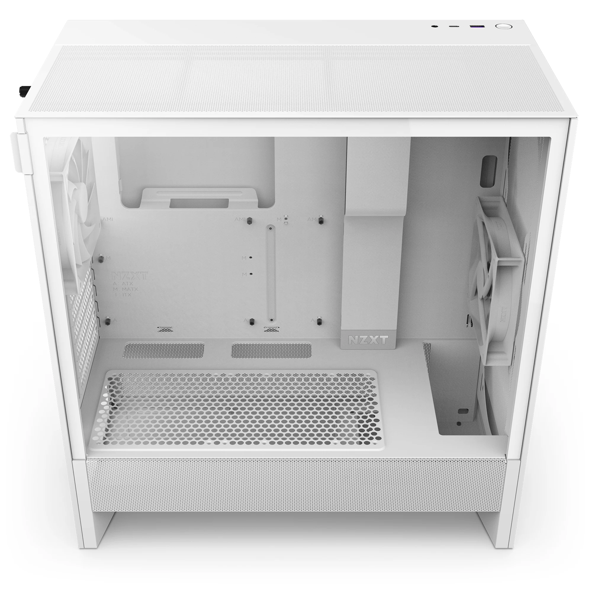 The NZXT H5 Flow case is photographed from the rear, showcasing its internal layout and mounting options.