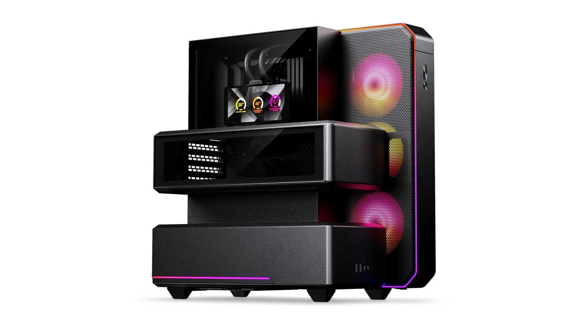 A black Phanteks EX5 MAX case with RGB lighting, viewed from a three-quarter angle.