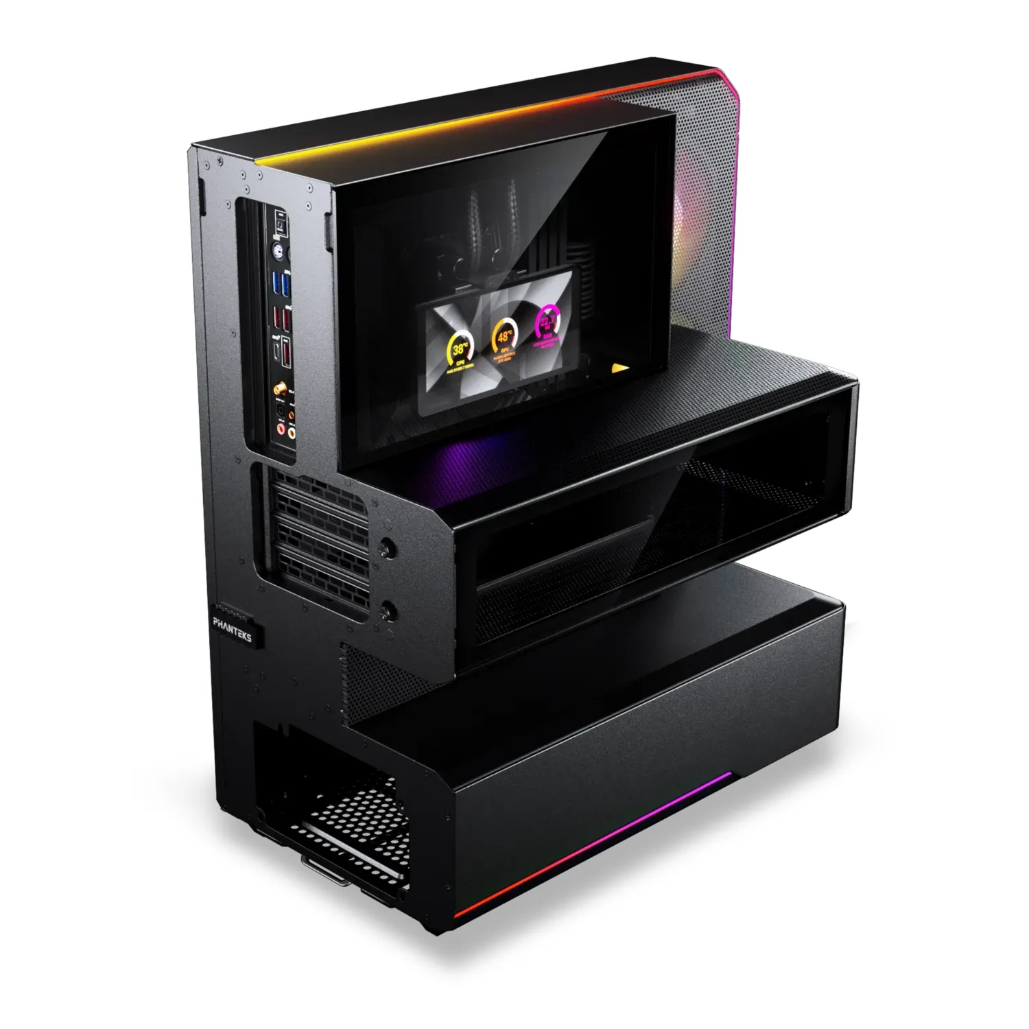 A black Phanteks EX5 MAX case with RGB lighting, viewed from a three-quarter angle.