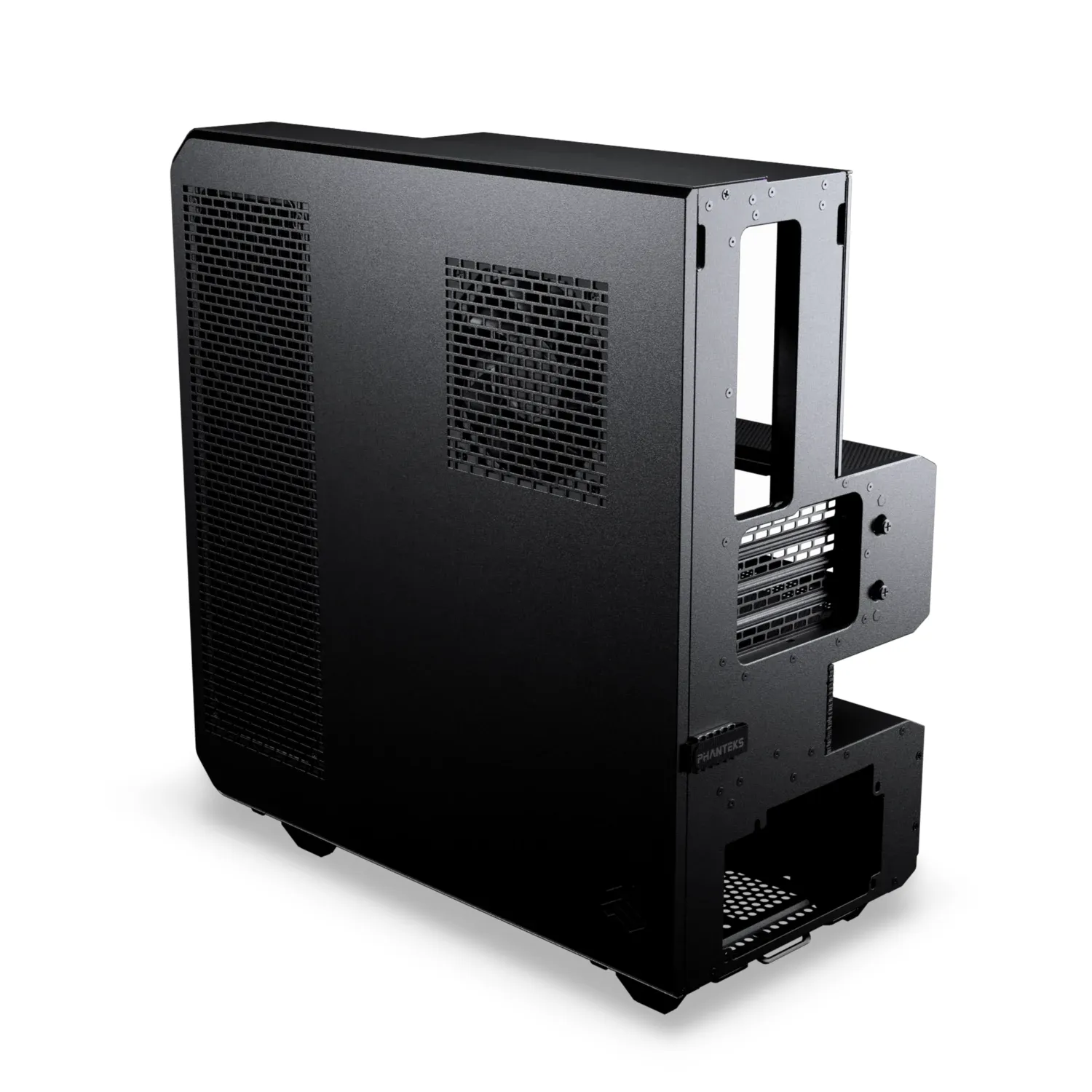 A black Phanteks EX5 MAX case photographed from behind, showcasing its rear panel and ventilation grilles.