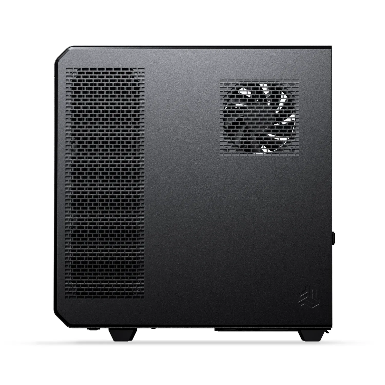The Phanteks EX5 MAX case is photographed from behind, showcasing its black finish and vented side panels.
