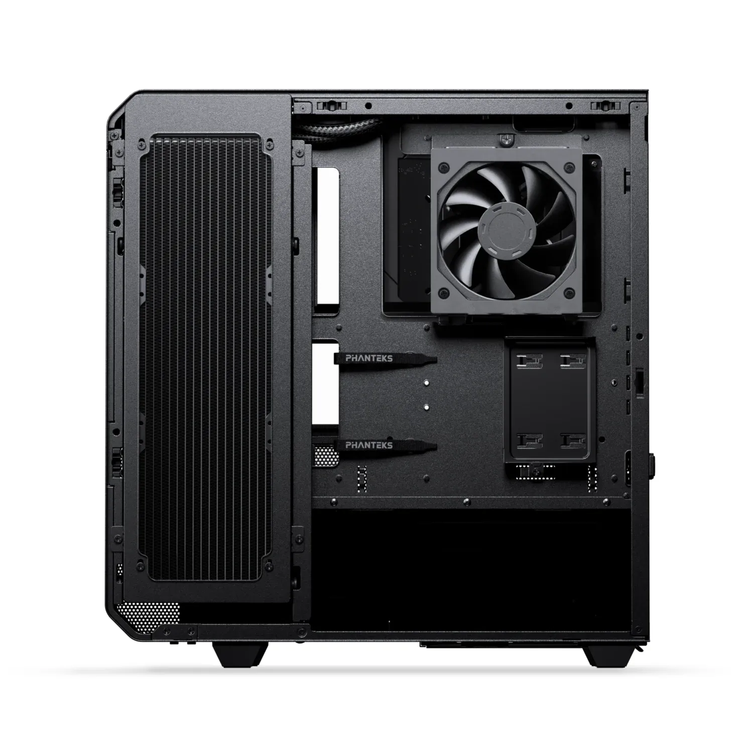 The Phanteks EX5 MAX case is photographed from behind, showcasing its rear panel with a fan and ventilation grills.