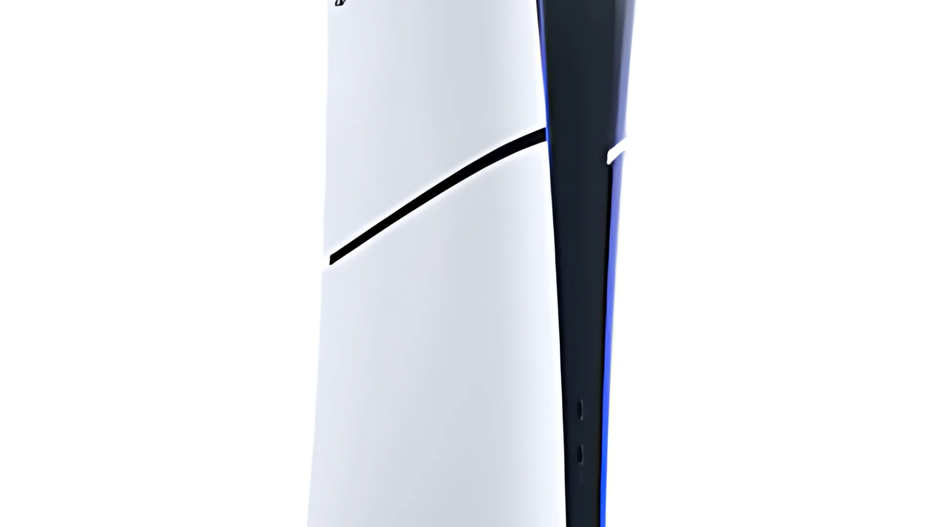 The PlayStation 5 Digital Edition is shown in a side profile view with a white front panel and black back, featuring a sleek design.