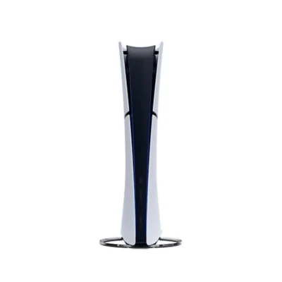 The PlayStation 5 Digital Edition is shown in a side profile view with a sleek, silver finish and a black accent stripe.