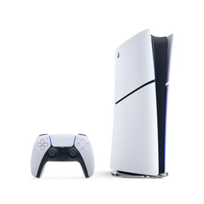 A white PlayStation 5 Digital Edition console with a blue light bar and a matching controller on a plain background.