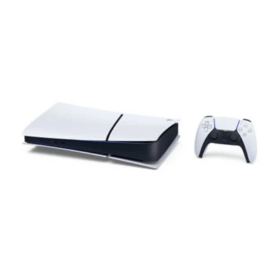 The PlayStation 5 Digital Edition in white with a sleek design, viewed from the side.