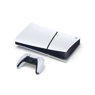 A PlayStation 5 Digital Edition console in white with a black front panel, accompanied by a controller on the left side.