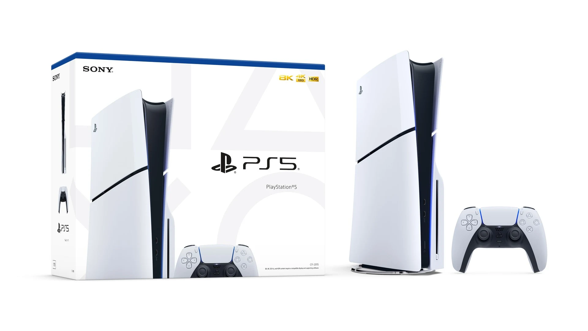 The PlayStation 5 Disc Edition Slim is shown in a three-quarter view with its box and controller, highlighting the console's sleek white design.