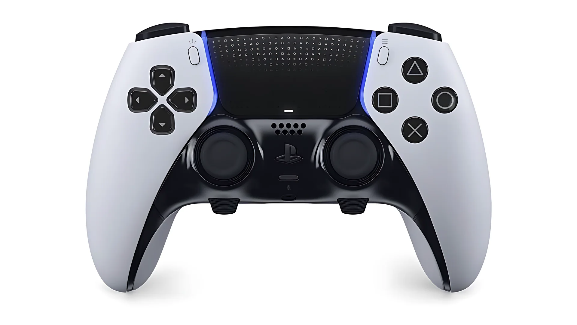 The image shows a PlayStation DualSense Edge controller in a top-down view, highlighting its white and black color scheme with blue lighting accents.