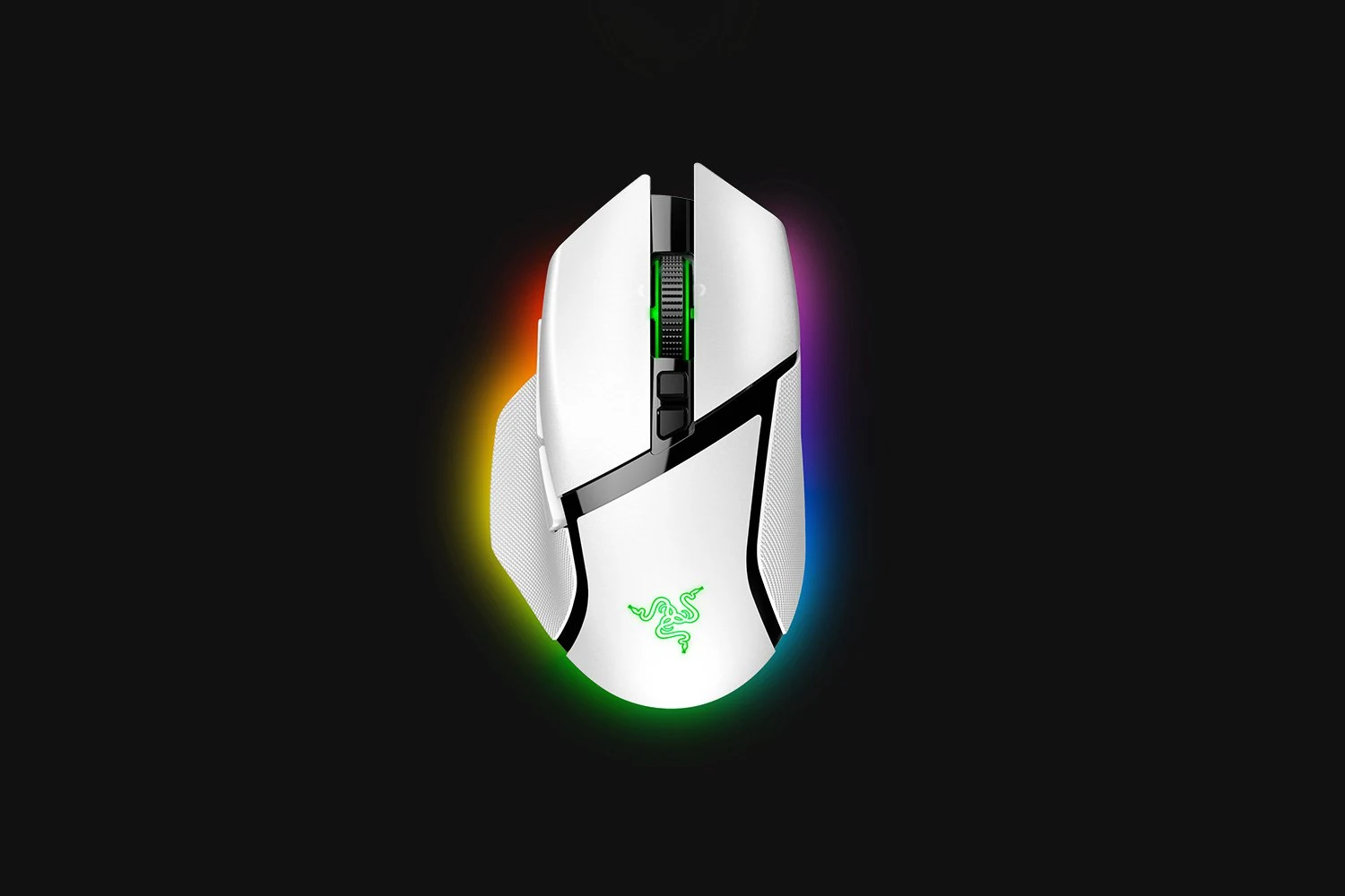 A white Razer Basilisk V3 Pro mouse with a green logo and RGB lighting, shown in a top-down view.
