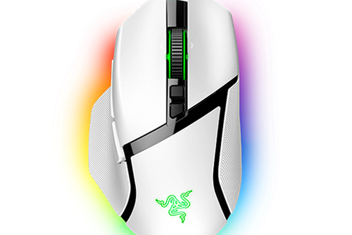 A white Razer Basilisk V3 Pro mouse with a side profile view, showing the scroll wheel and buttons.