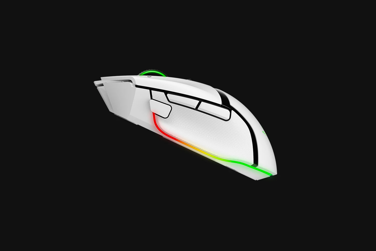 A white Razer Basilisk V3 Pro mouse with a side profile view, featuring RGB lighting along the edges and textured sides.