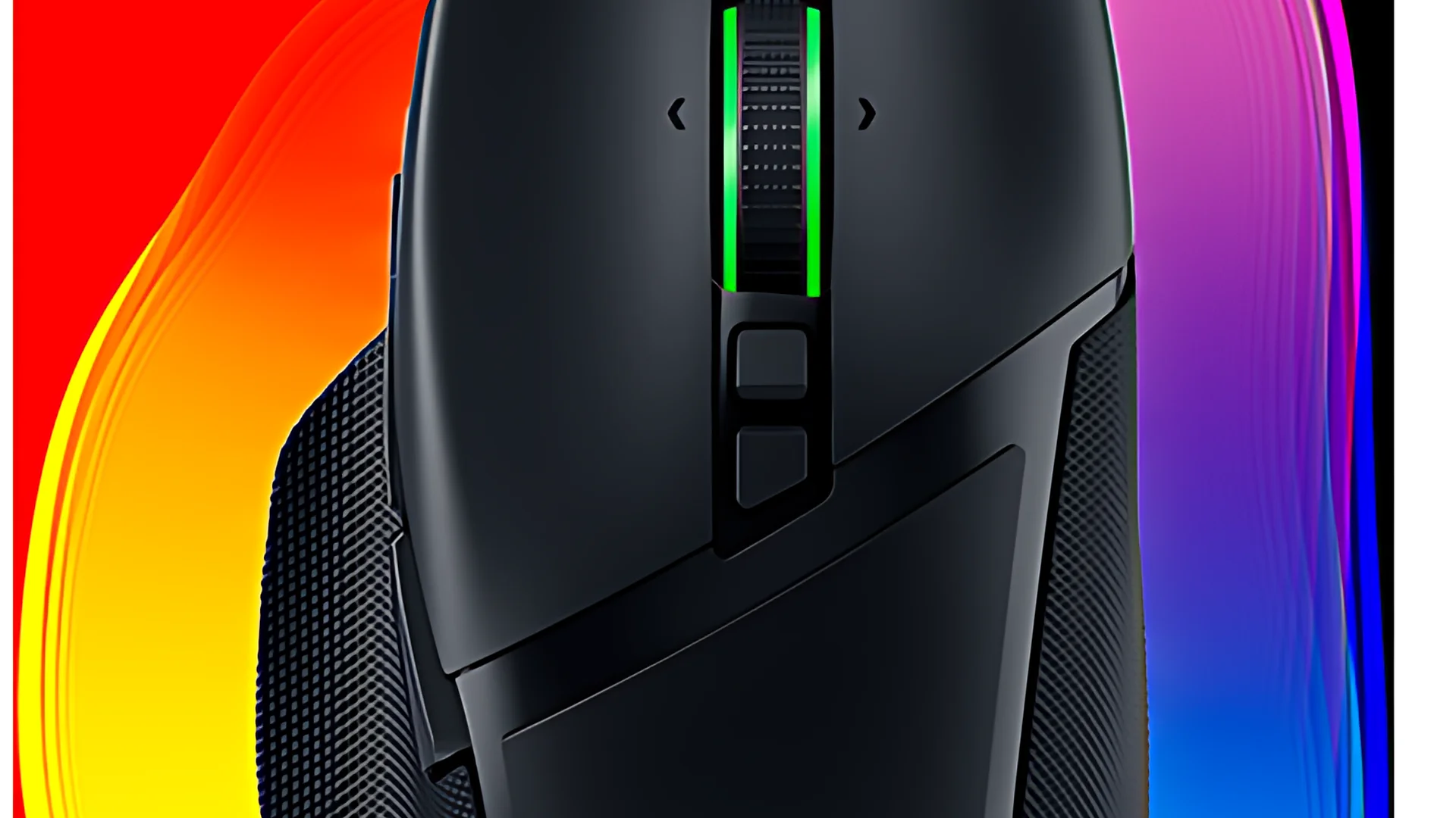 A black Razer gaming mouse with green accents is shown in a three-quarter view against a colorful gradient background.