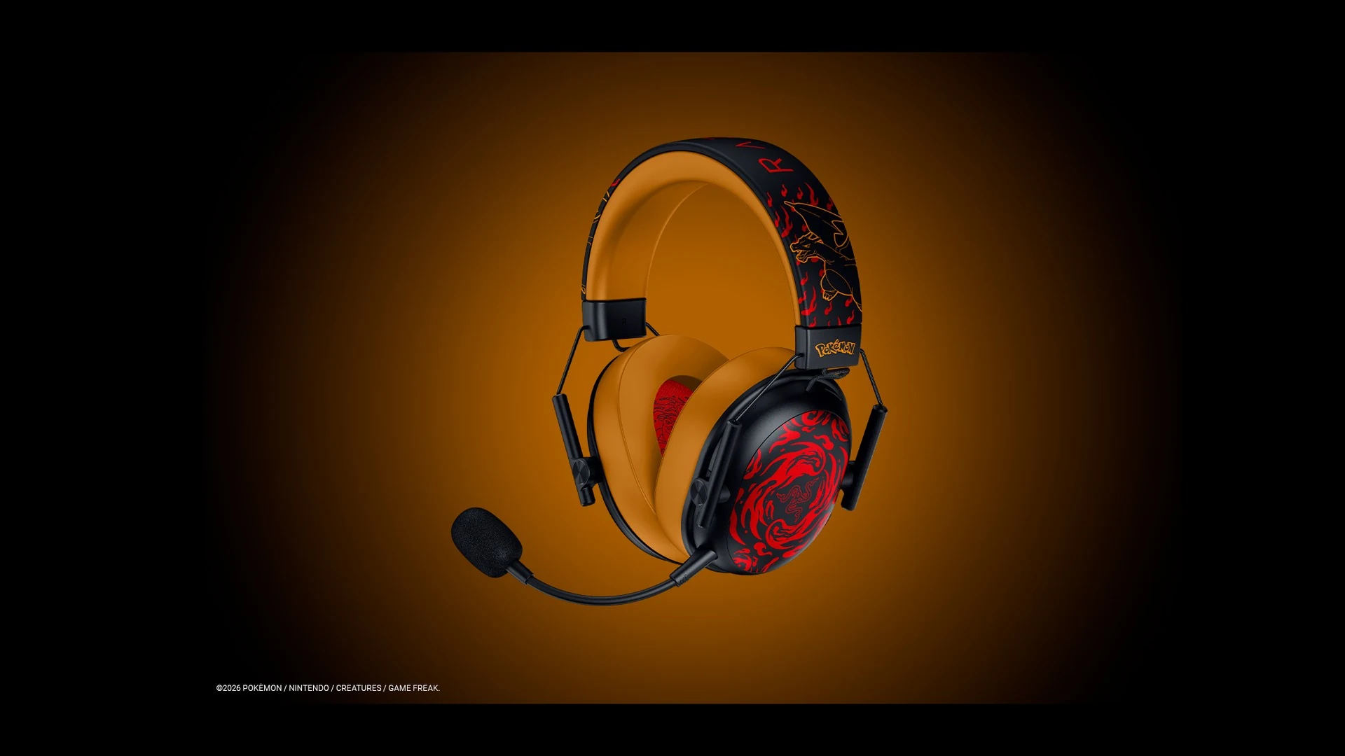 The image shows a Razer BlackShark V3 X HyperSpeed Charizard Edition headset with a black and red flame design, positioned at a three-quarter angle against an orange gradient background.