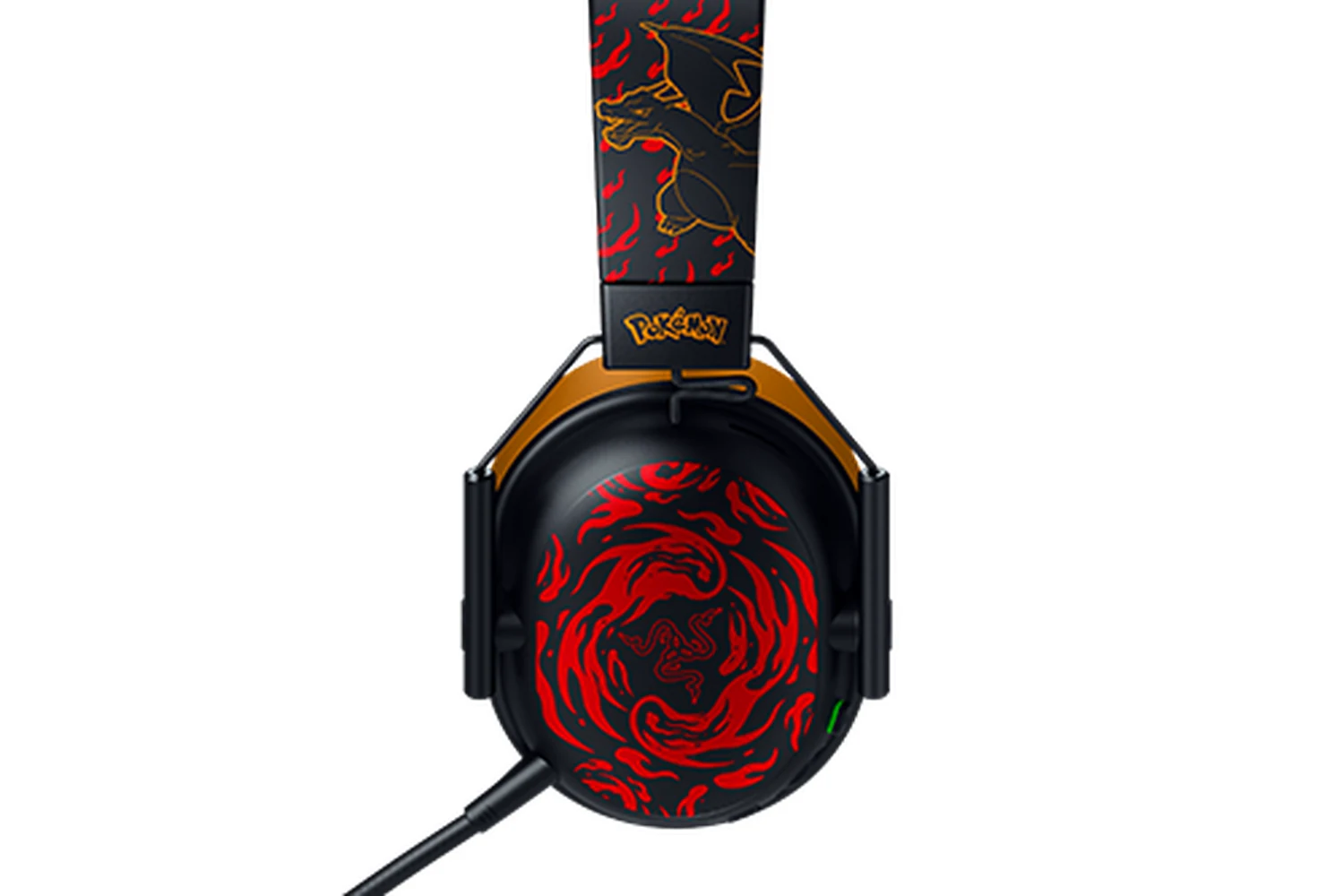 A close-up of a Razer BlackShark V3 X HyperSpeed Charizard Edition headset, showcasing its detailed design and branding.