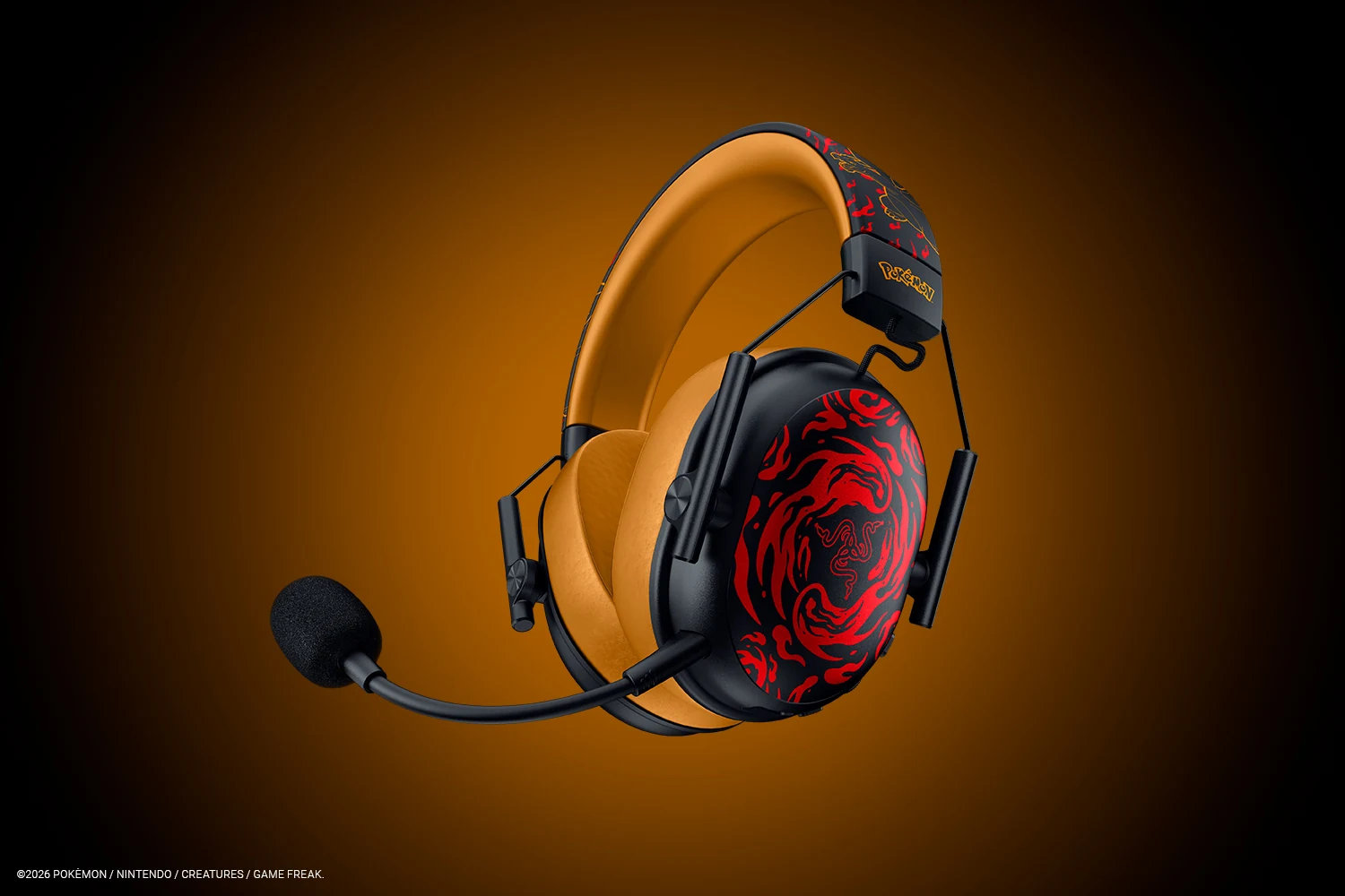 The Razer BlackShark V3 X HyperSpeed Charizard Edition headset is shown in a three-quarter angle, highlighting its black and red flame-patterned ear cups against an orange gradient background.