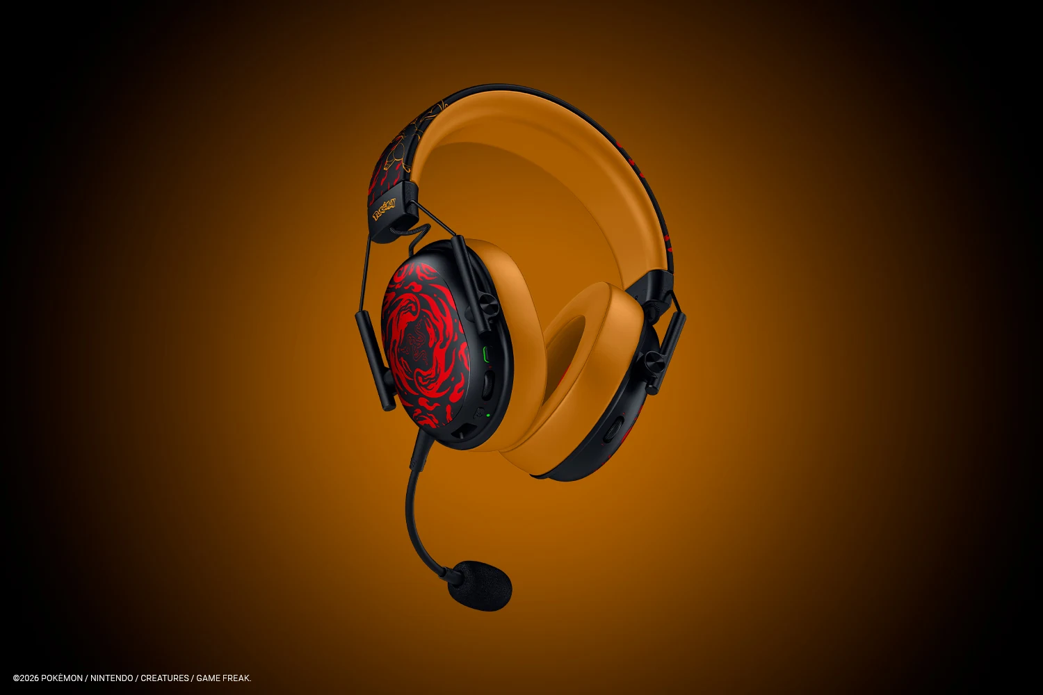 The Razer BlackShark V3 X HyperSpeed Charizard Edition headset is shown in a three-quarter angle with a gradient orange background, highlighting its red and black dragon-themed design.