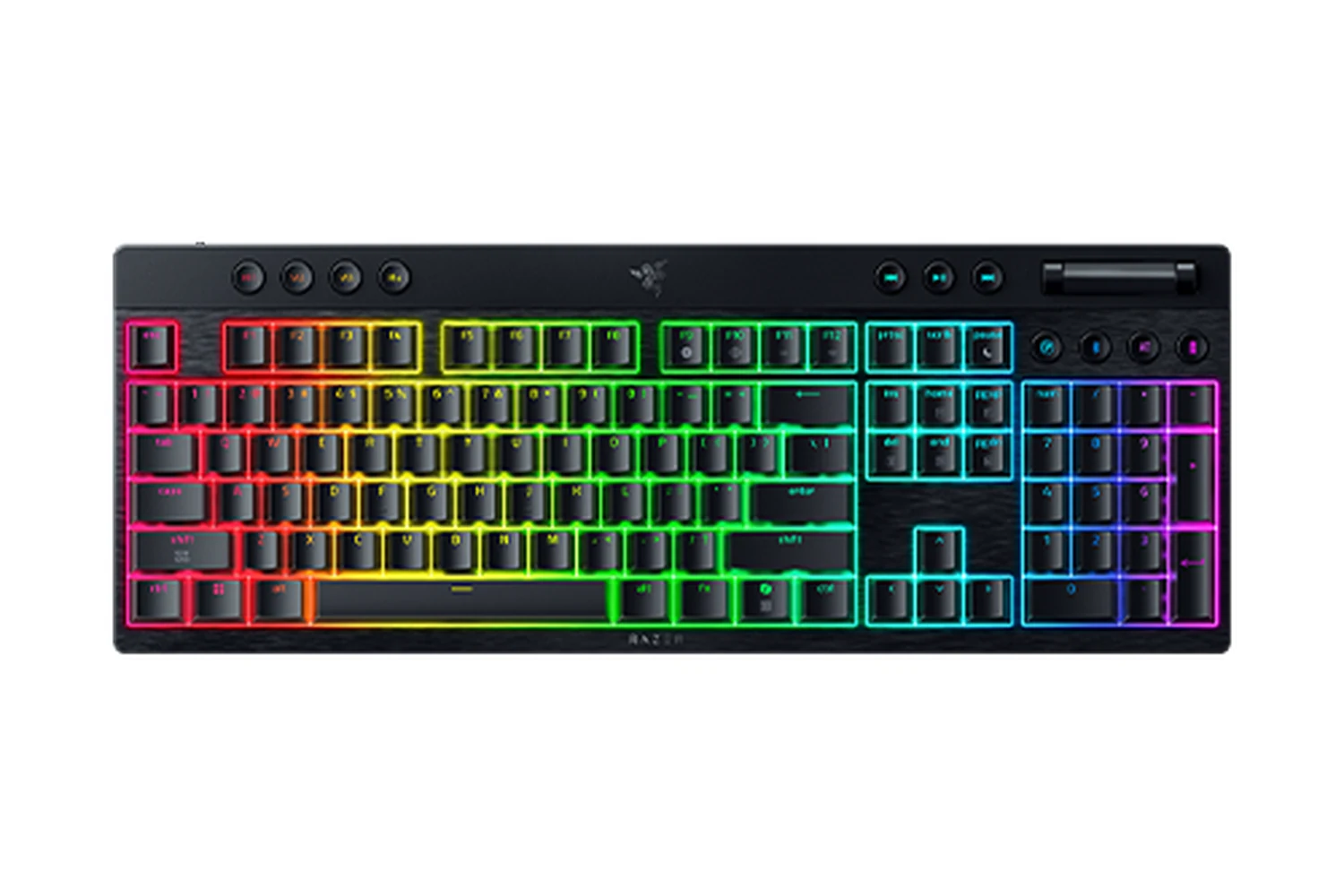 A top-down view of a black Razer keyboard with RGB backlighting.