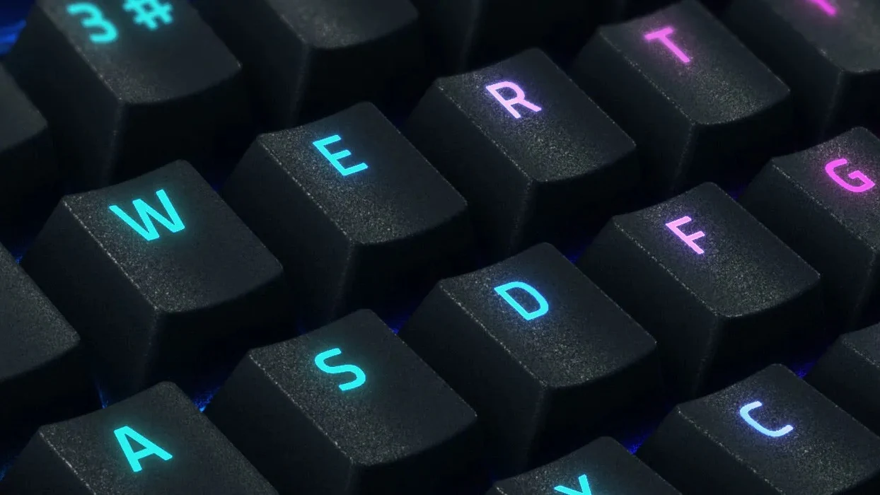 Close-up of the BlackWidow V4 Pro's doubleshot ABS keycaps with RGB backlighting showing through the legends.