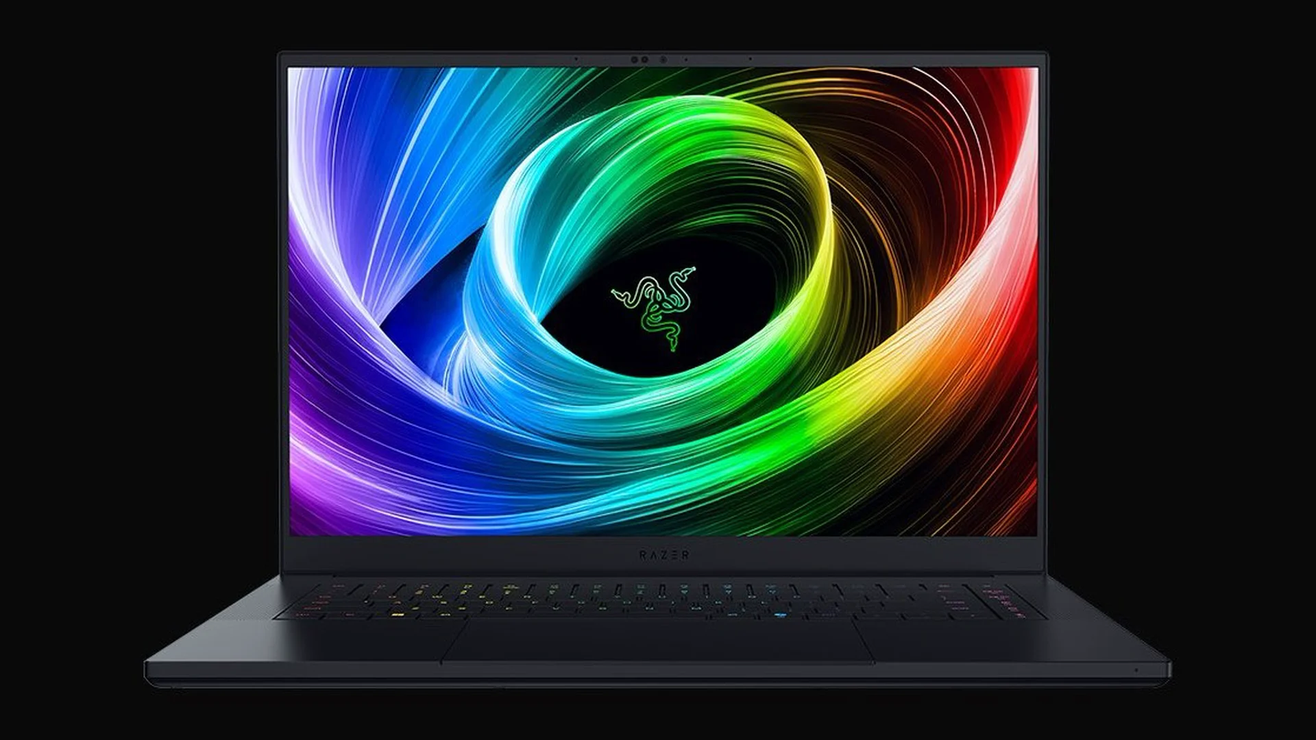 A black Razer Blade 16 gaming laptop in a side profile, showcasing its keyboard and screen.