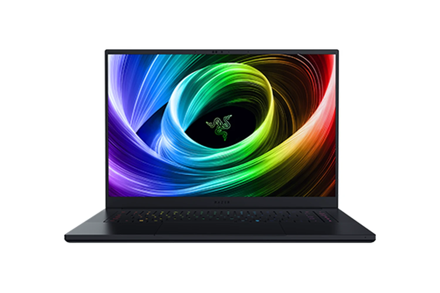 A black Razer Blade 16 gaming laptop shown from a three-quarter angle with a colorful, abstract background on the screen.
