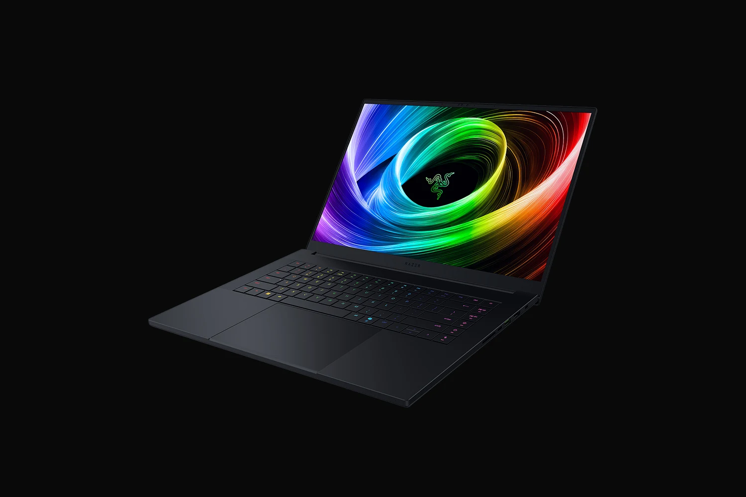 A black Razer Blade 16 gaming laptop in a three-quarter side profile, showcasing its RGB-lit keyboard and vibrant display.