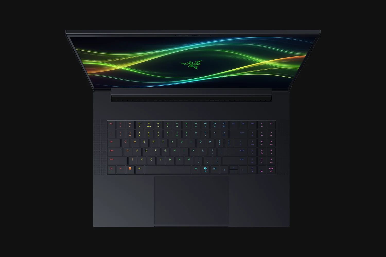 A top-down view of a Razer Blade 18 gaming laptop with a black keyboard and palm rest, featuring RGB lighting.
