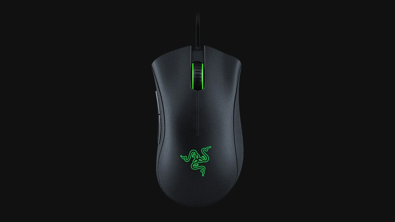 The Razer DeathAdder Essential mouse is shown in a top-down view against a black background, highlighting its sleek design and green Razer logo.