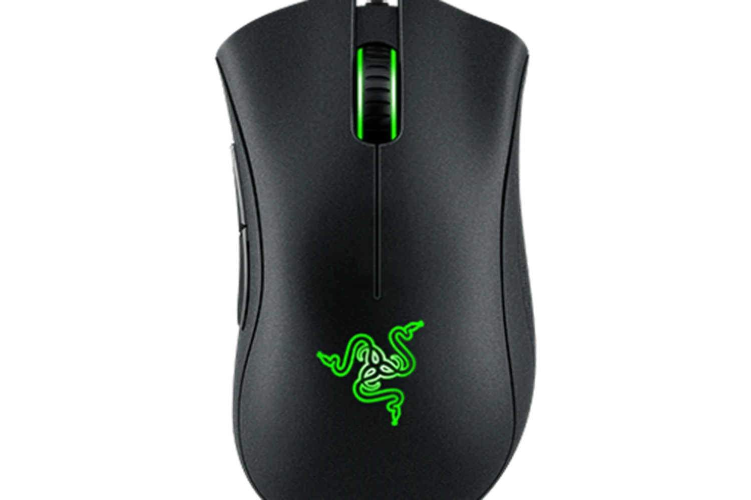A black Razer DeathAdder Essential mouse with a green logo and textured scroll wheel.