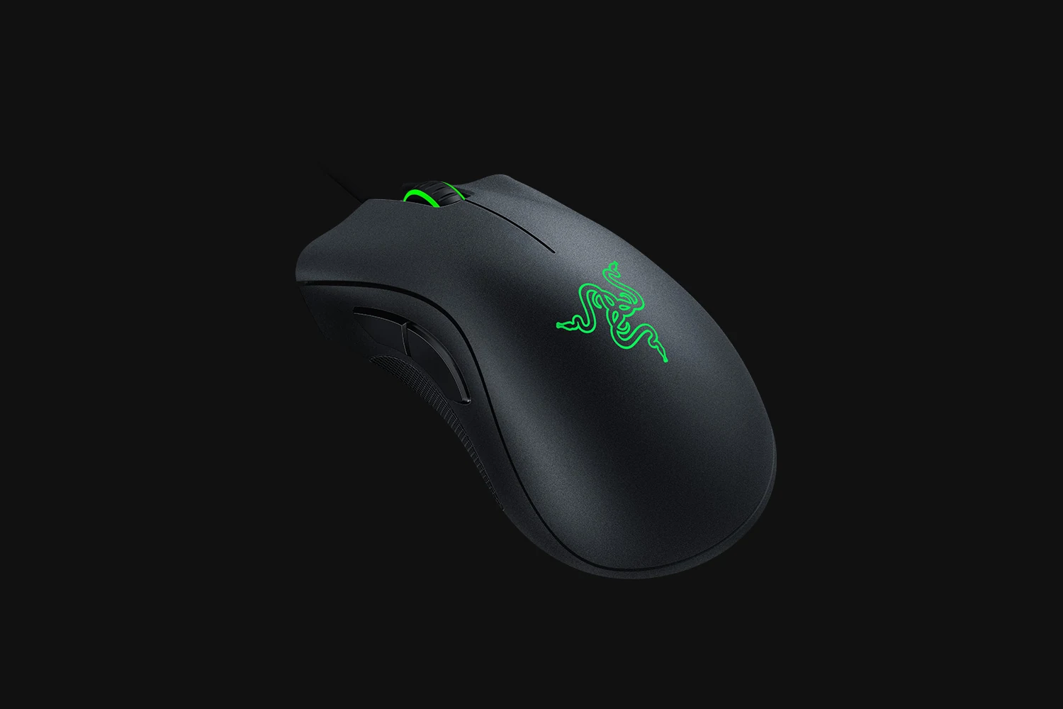 A black Razer DeathAdder Essential mouse with a green snake logo, photographed from a three-quarter angle.