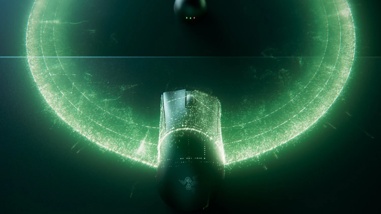 A Razer DeathAdder V4 Pro mouse is shown in a top-down view with glowing green light effects surrounding it.