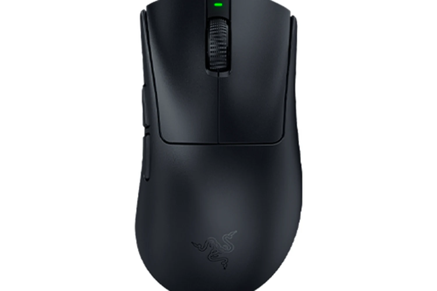 A black Razer DeathAdder V4 Pro mouse photographed from a side profile, highlighting its ergonomic design and green LED.