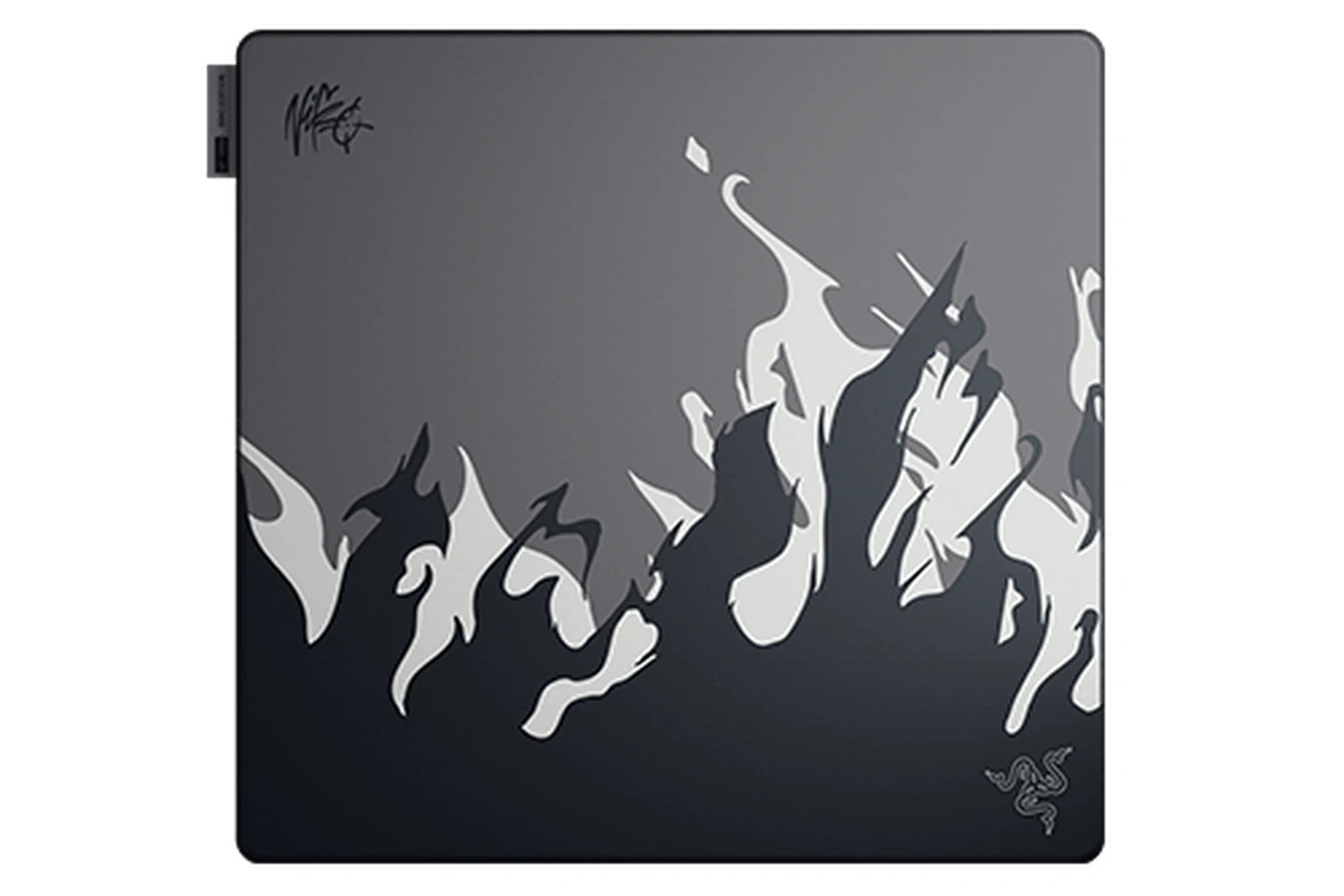 The product is a black mousepad with a white flame design and the Razer logo in the bottom right corner.