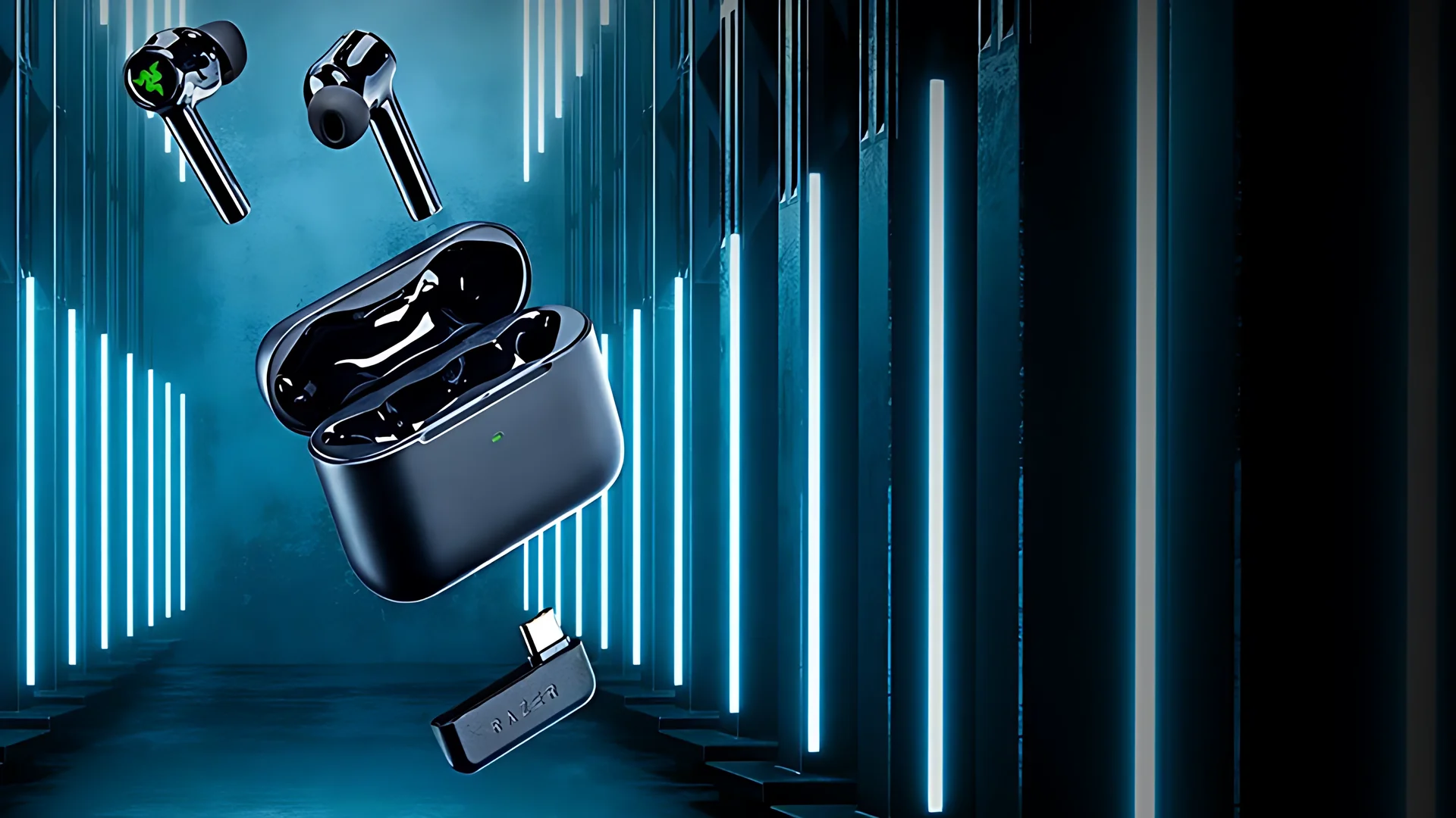 Black Razer Hammerhead Pro HyperSpeed earbuds floating above their open charging case and USB-C HyperSpeed dongle in a neon-lit corridor.