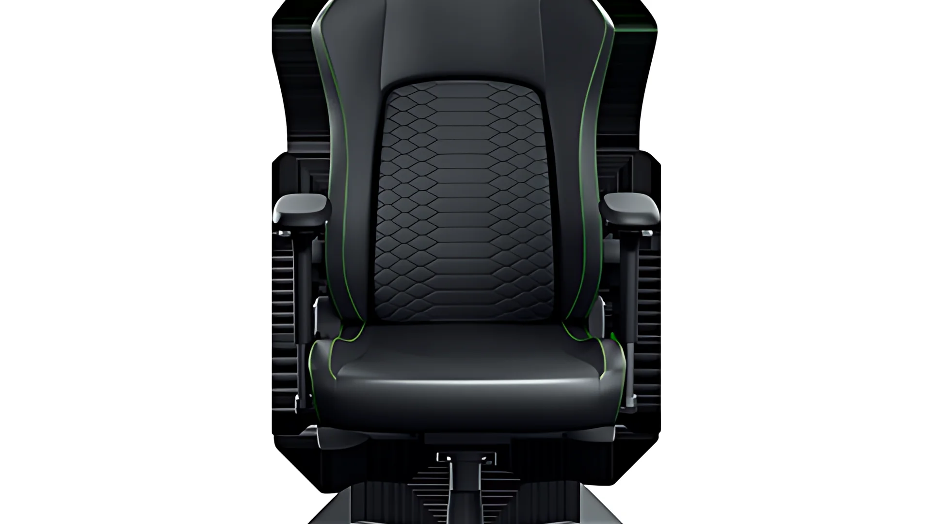 The Razer Iskur V2 NewGen gaming chair is shown in a top-down view, featuring black upholstery with green accents and a textured seat.