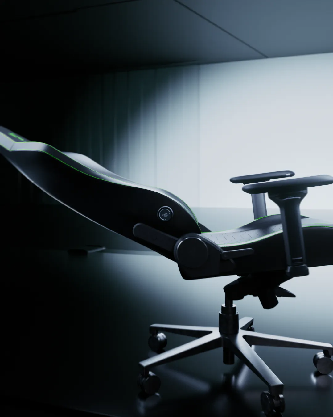 The Razer Iskur V2 NewGen gaming chair is shown in a side profile, featuring black upholstery with green accents and a five-star base.