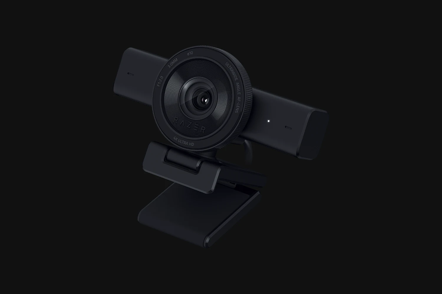 A black Razer Kiyo V2 webcam with a side profile view, featuring the camera lens and branding.