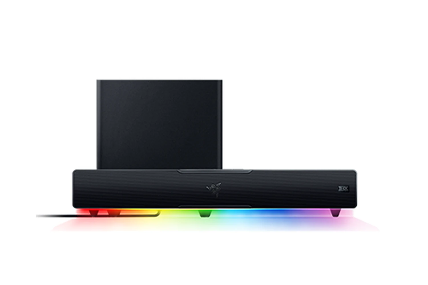 A black Razer Leviathan V2 soundbar with RGB lighting is shown in a side profile on a white background.
