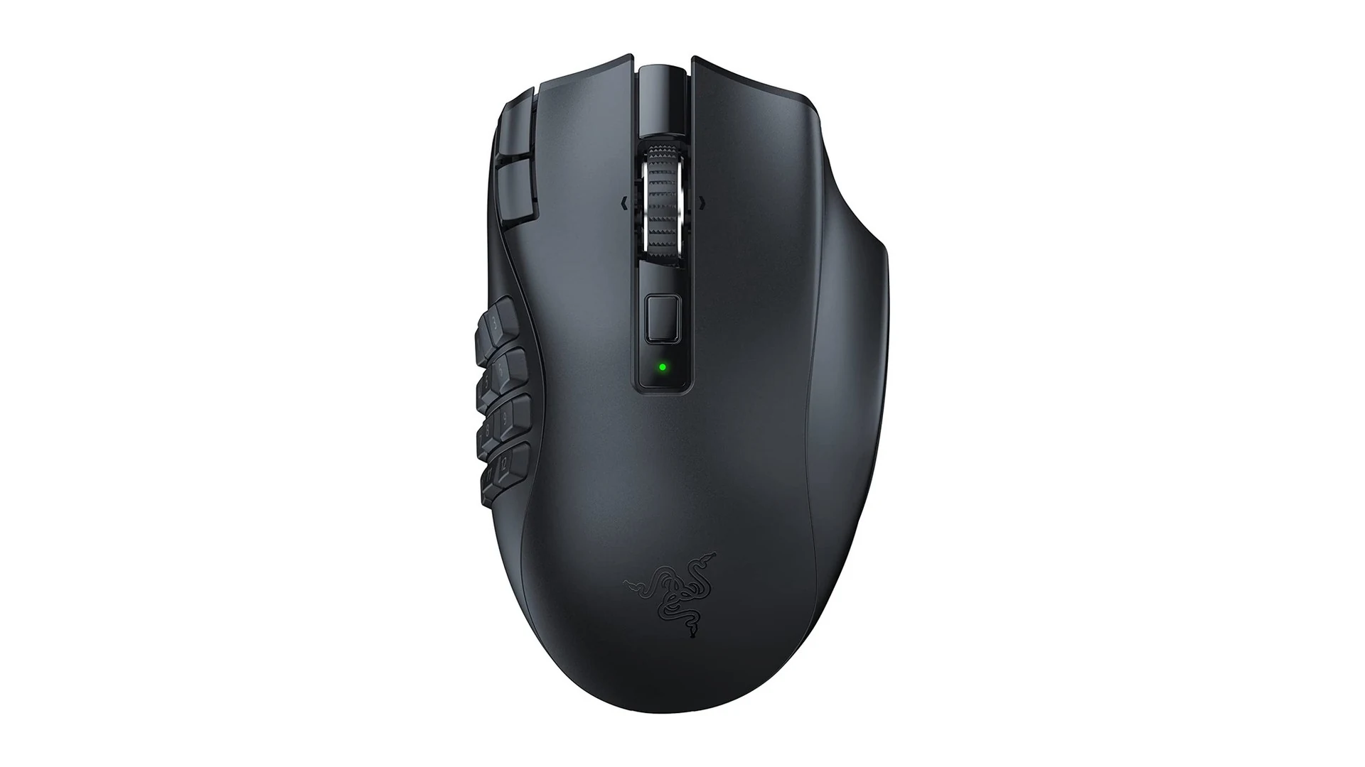 The Razer Naga V2 HyperSpeed mouse is shown in a side profile with a textured grip and multiple programmable buttons on the left.