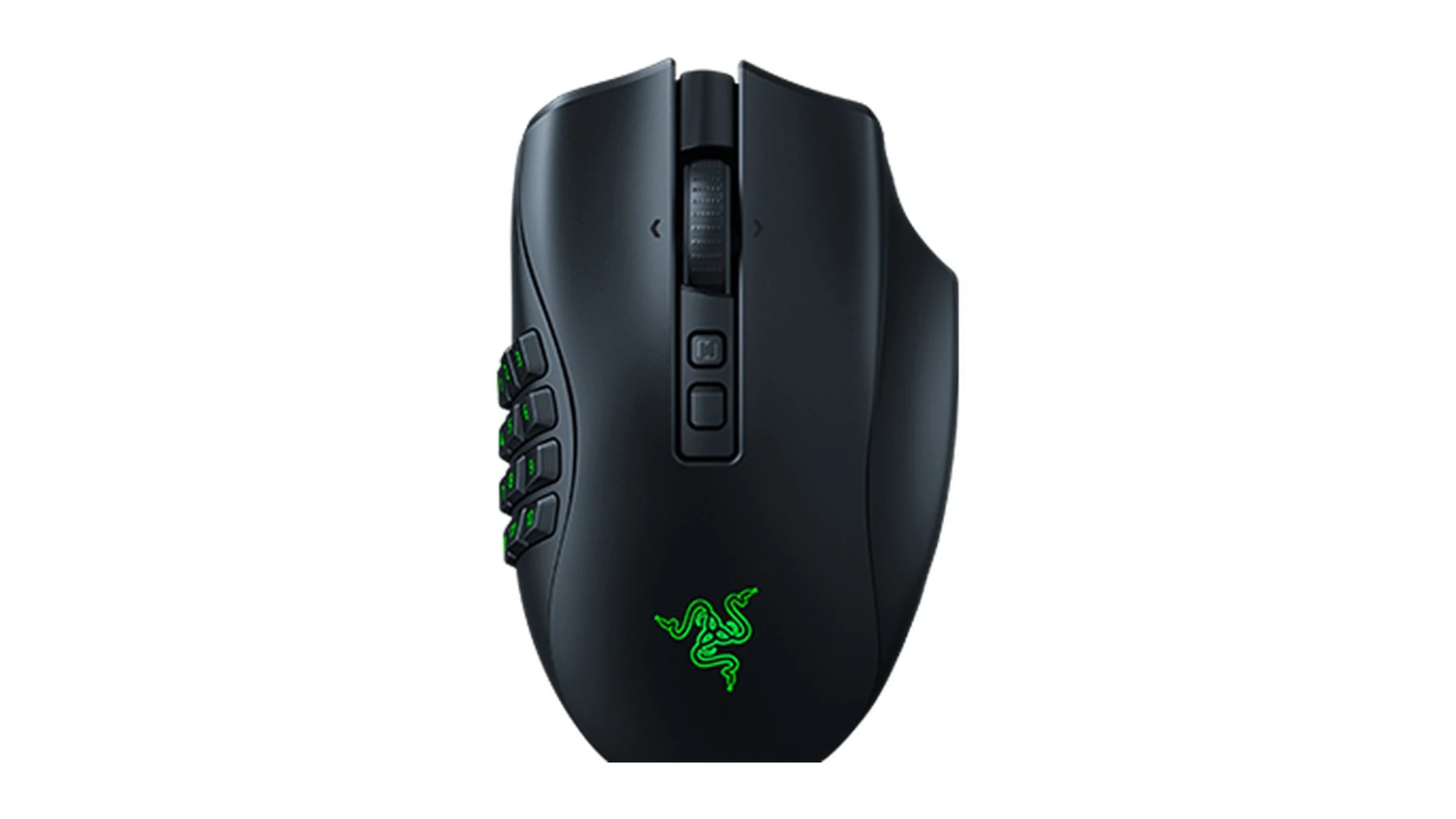 A black Razer Naga V3 Pro Wireless mouse with a side profile view, featuring multiple programmable buttons and the green Razer logo on the bottom.