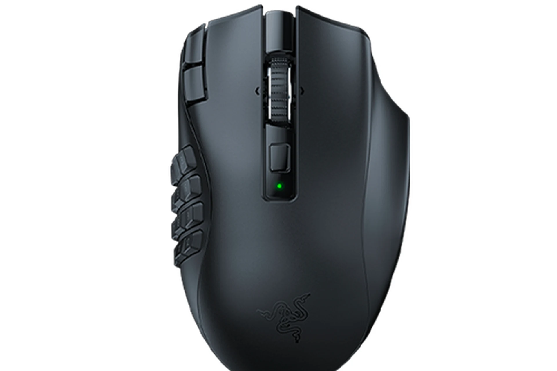 A black Razer Naga V3 Pro Wireless mouse in a side profile view, showing its textured grip and buttons.
