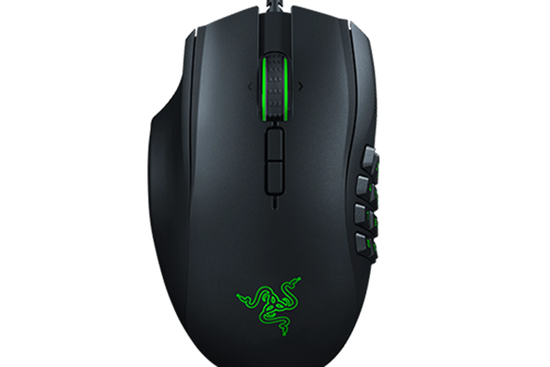 A black Razer Naga V3 Pro Wireless mouse with a green snake logo and multiple programmable buttons.