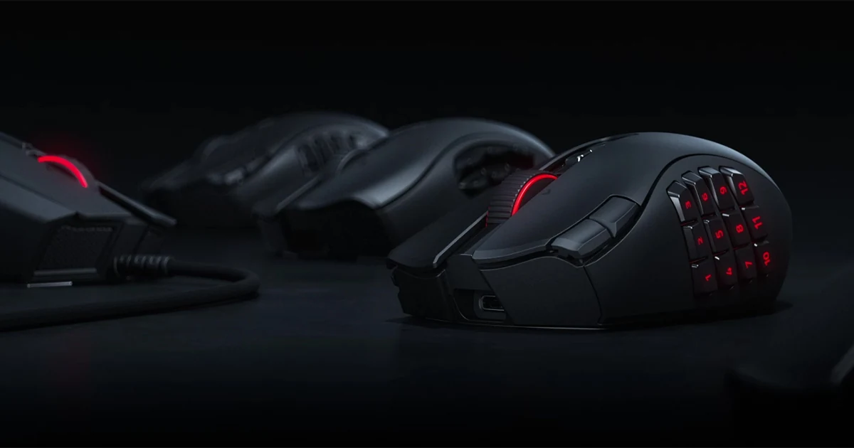 The image shows a side profile of two Razer Naga V3 Pro Wireless mice, one with a visible cable and the other in focus.