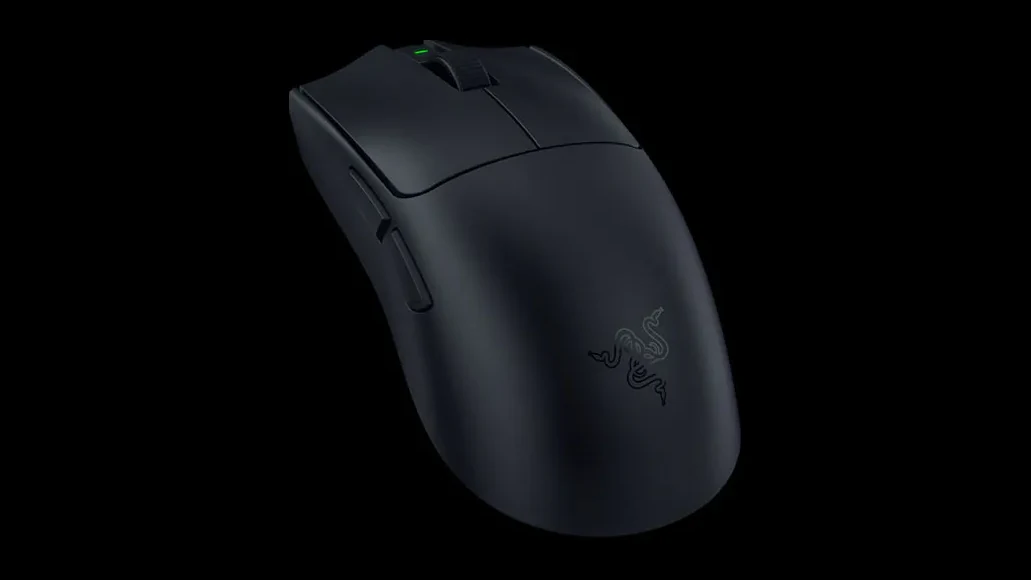 The Razer Viper V4 Pro Wireless mouse is shown in a three-quarter side profile with a black finish and the Razer logo visible on its side.