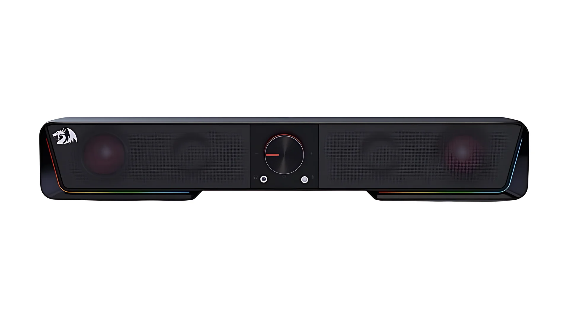 The Redragon GS560 RGB Desktop Soundbar is shown in a top-down view with black finish and RGB lighting accents.