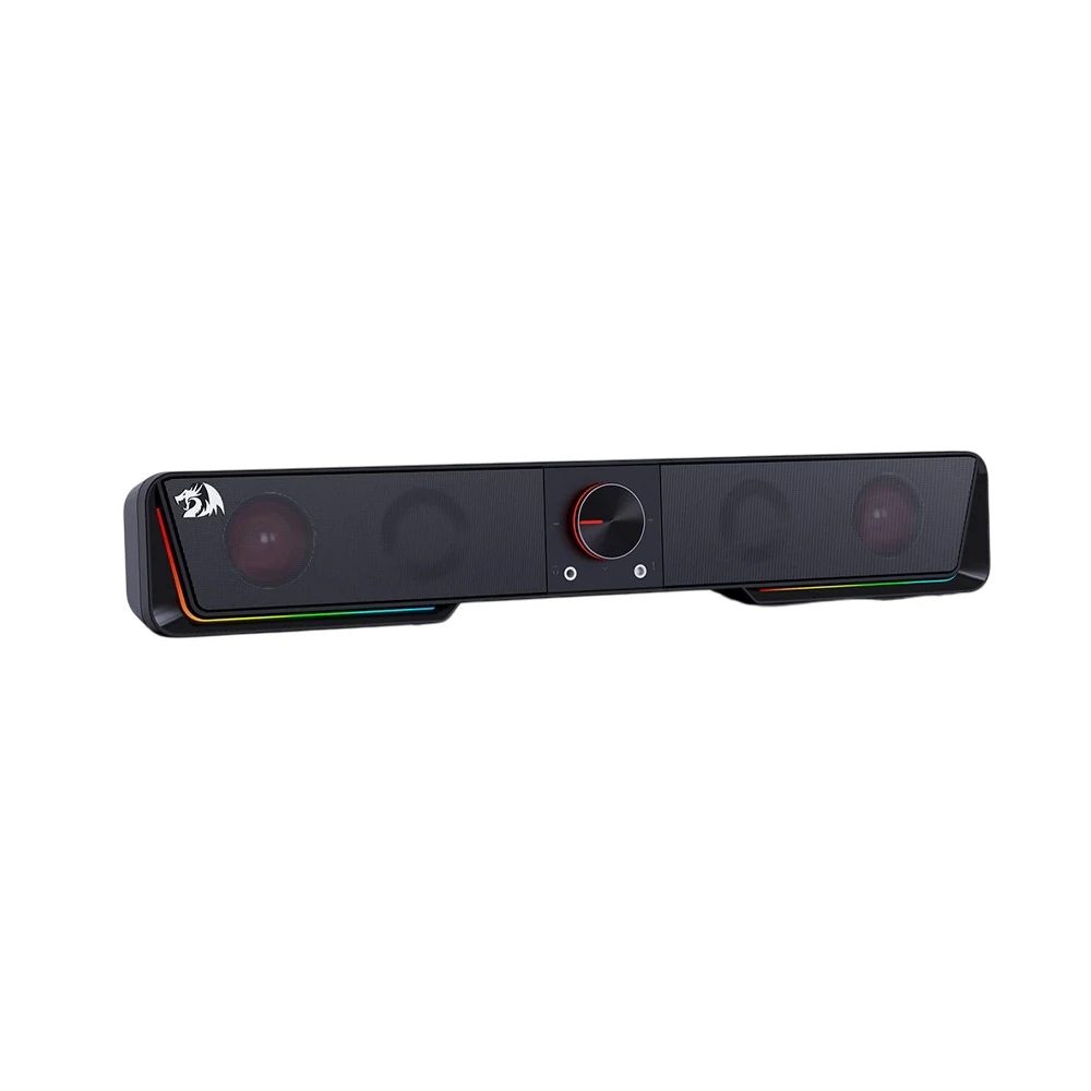 The Redragon GS560 RGB Desktop Soundbar is shown in a side profile with a black finish, featuring two circular speakers and a central control knob.