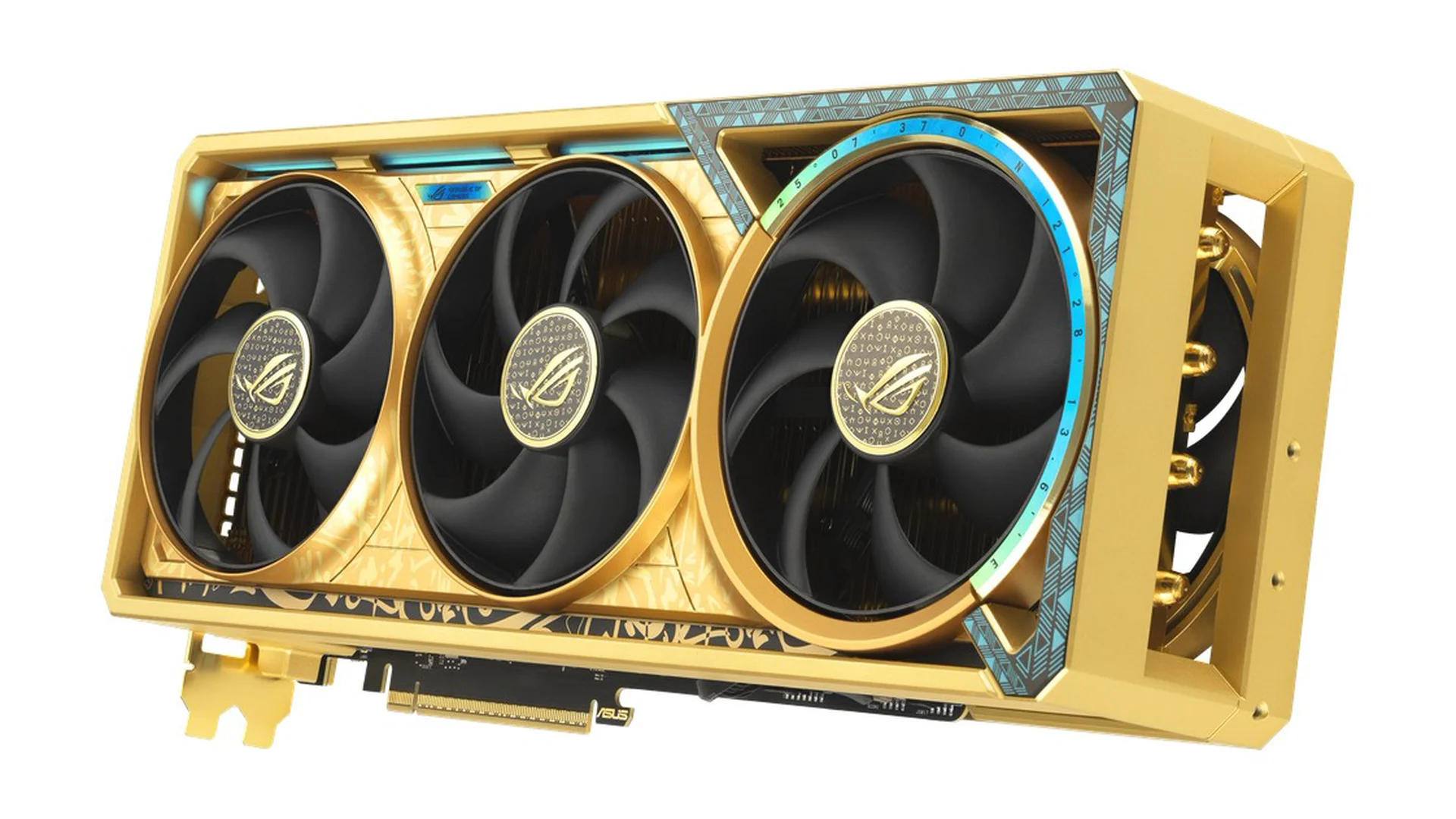 The ROG Astral GeForce RTX 5080 16GB GDDR7 White OC Edition graphics card is shown from a side profile, featuring its gold-colored finish and three large cooling fans.