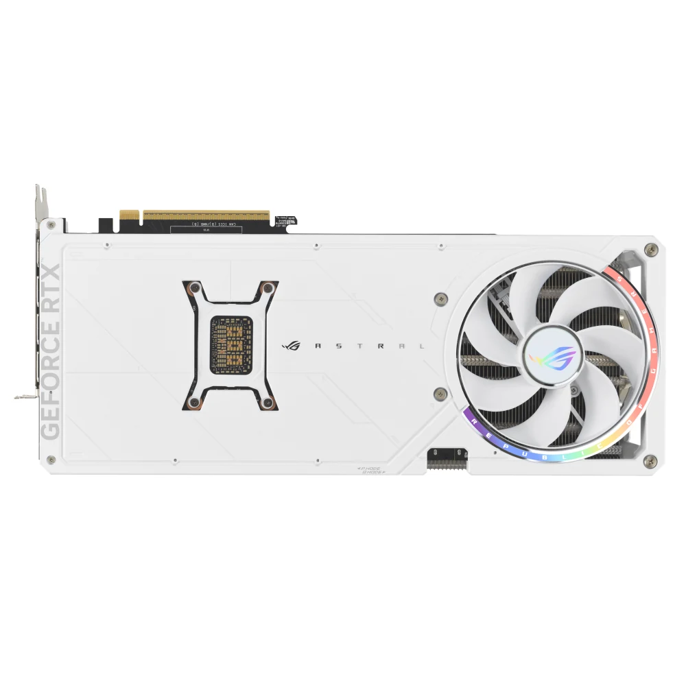 The ROG Astral GeForce RTX 5080 16GB GDDR7 White OC Edition is shown from a side profile, highlighting its white finish and distinctive fan design.